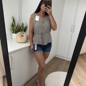 Bluzka Bez Rękawów Zapinana Na Guziki z Wiązaniem